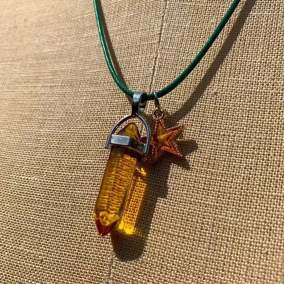 Handmade Honey Amber Resin Crystal Amulet Necklace & Enamel Star Charm - Picture 1 of 10